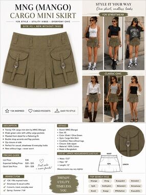 MNG Mango Cargo Mini Skirt XS Olive Utility Y2K Pleated NWOT